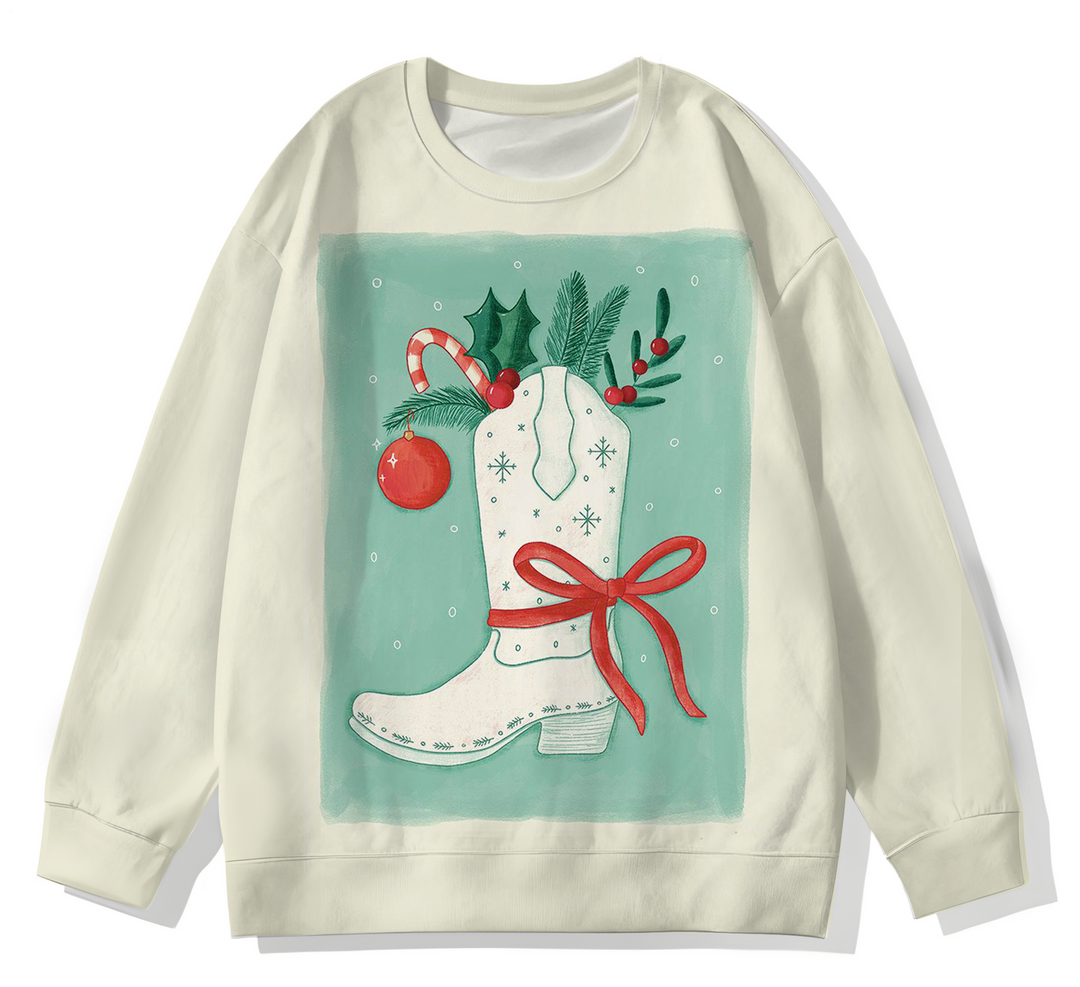 Vintage Christmas Boots Printed Long Sleeve Casual Top