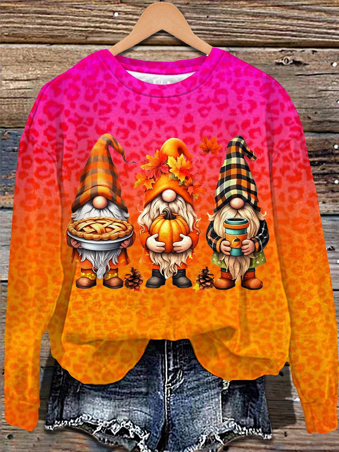 Halloween Gnome Leopard Print Long Sleeve Casual Top