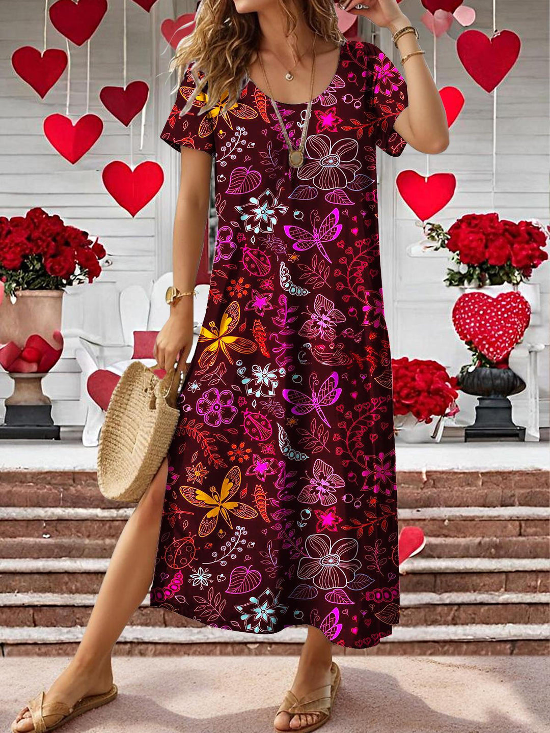 Women's Valentine's Day Retro Floral Print Short Sleeve Crew Neck Dress