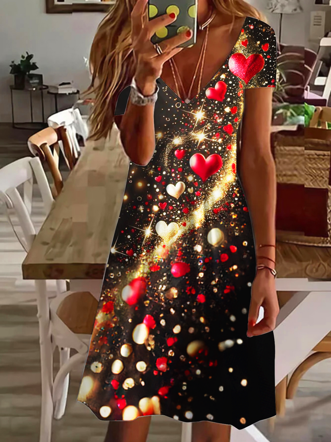 Shining Gold Heart Art V Neck Short Sleeve Dress