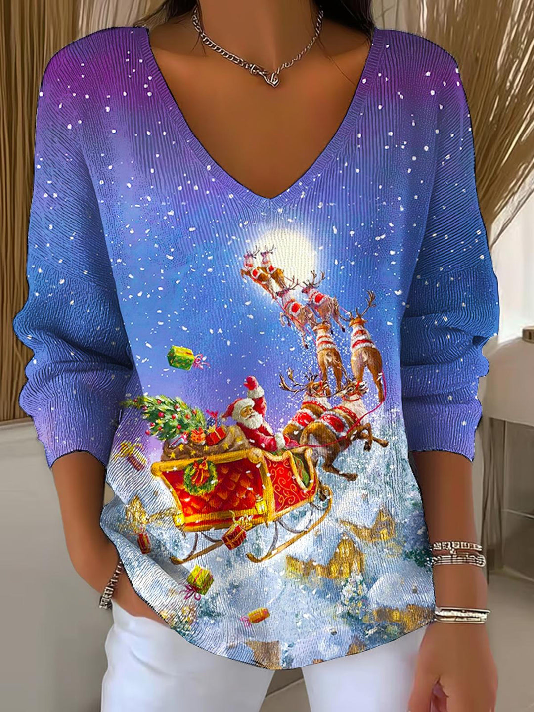 Christmas Santa Claus And Reindeer Print Casual V Neck Pullover Sweater