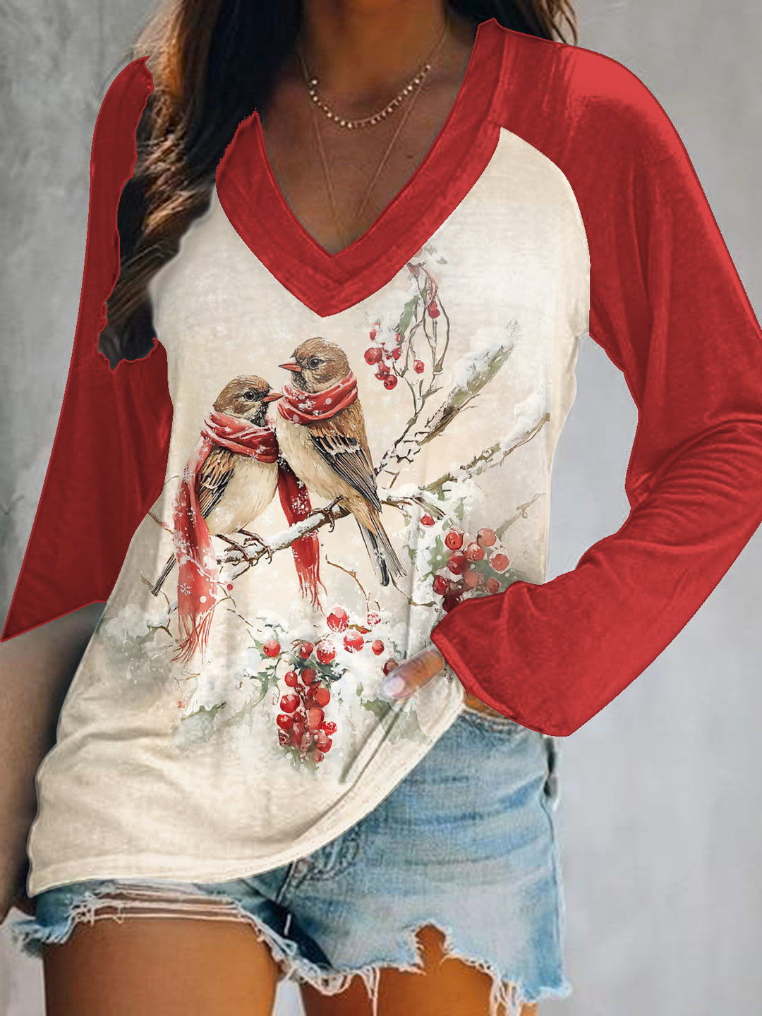 Chinese Style Christmas Print V-Neck Long Sleeve Top