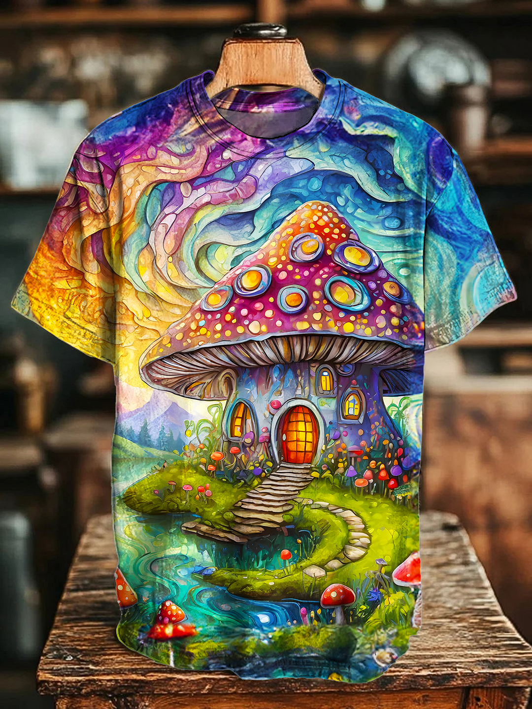 Mushroom House Pattern Crew Neck T-shirt
