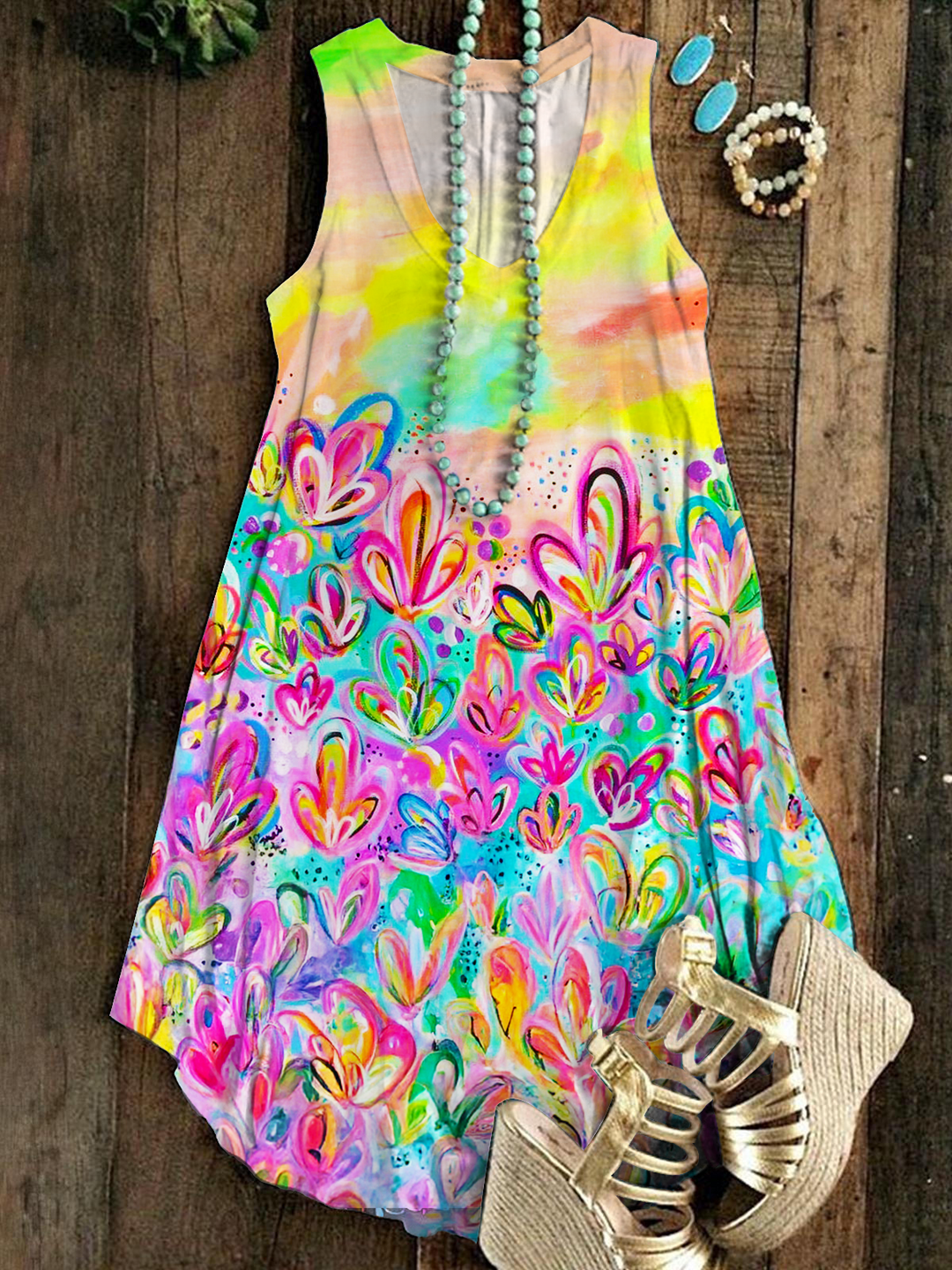 Rainbow Hippie Love Heart Art Sleeveless V Neck Dress