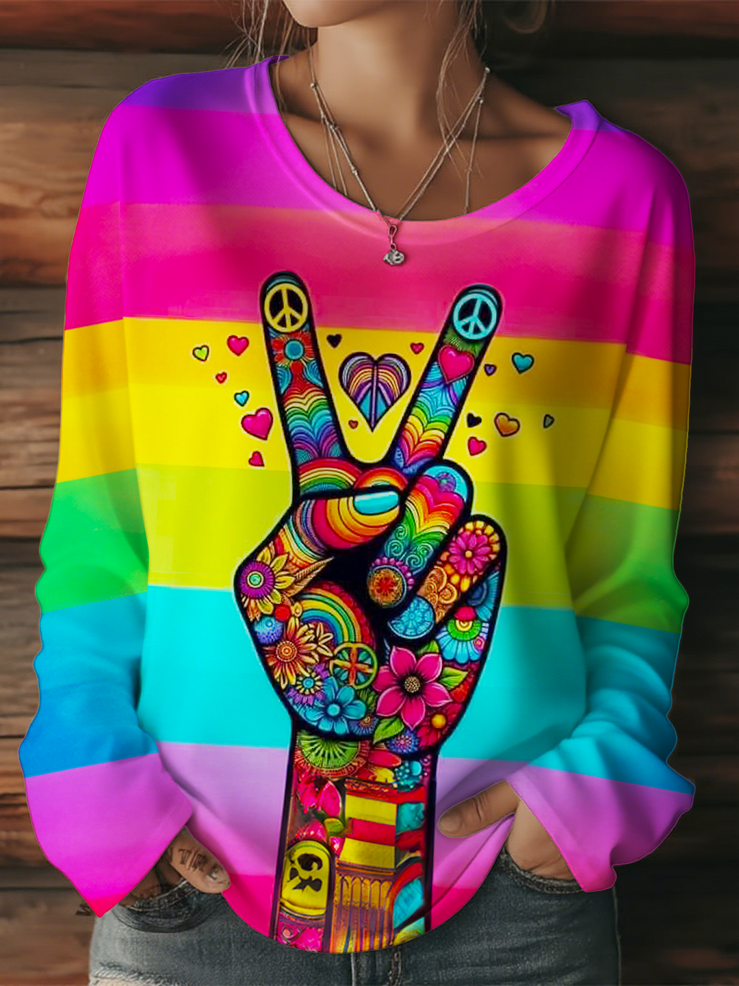 Colorful Hippie Peace Hands Women's Round Neck Long Sleeve T-shirt