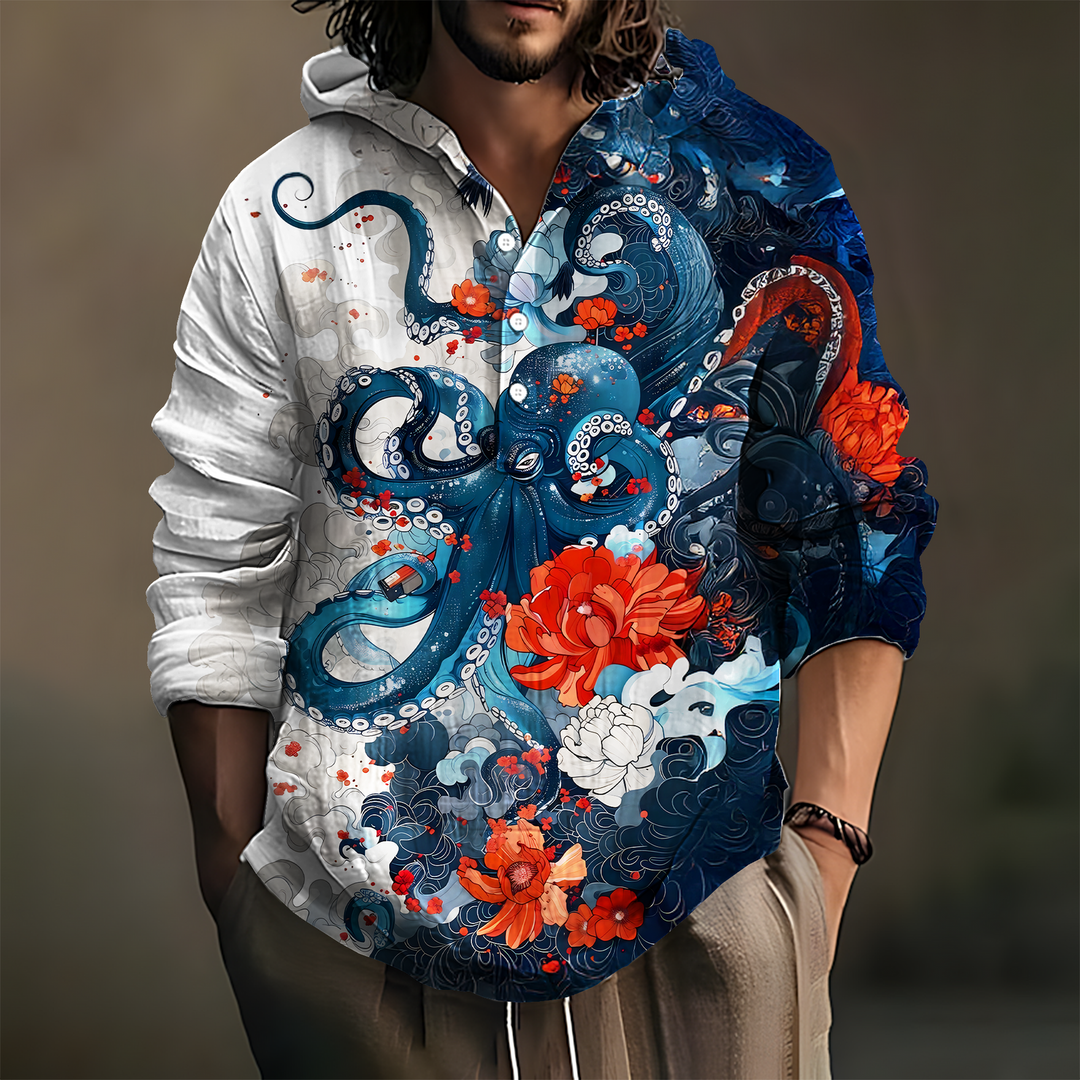 Retro Japanese Octopus Flower Art Boys' Long Sleeve Button Down Hoodie