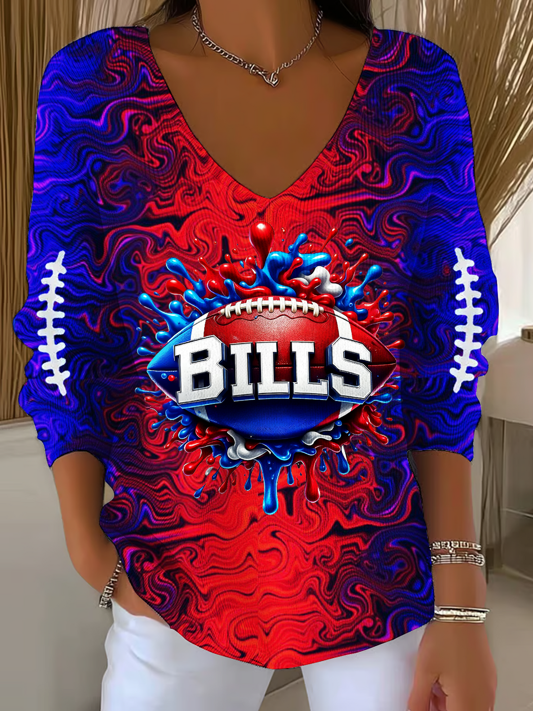 High School Bills Football Casual V Neck Pullover Sweater