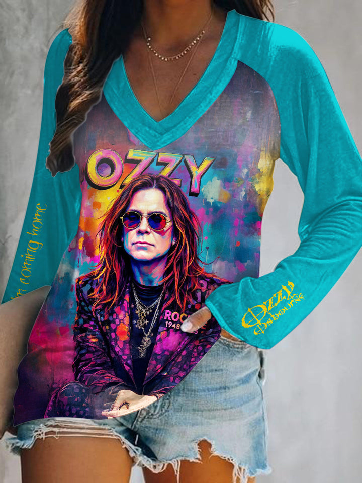 Ozzy Osbourne Retro Graffiti Print V-Neck Long Sleeve Top