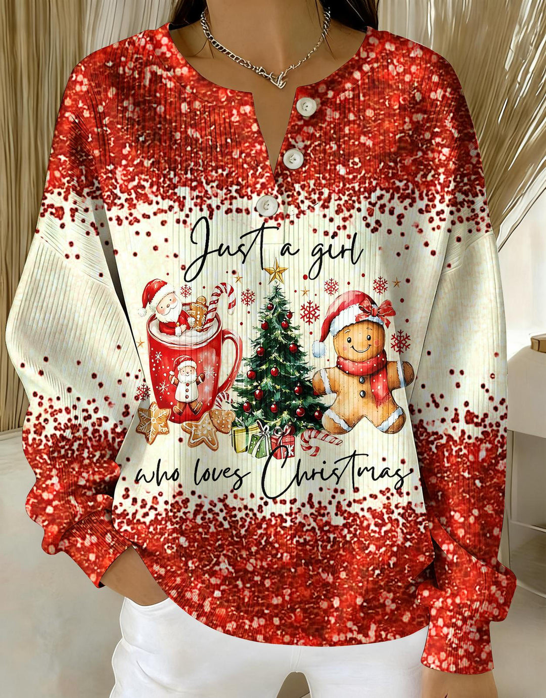 Christmas Gingerbread Man Knitted Button Long-Sleeved Top