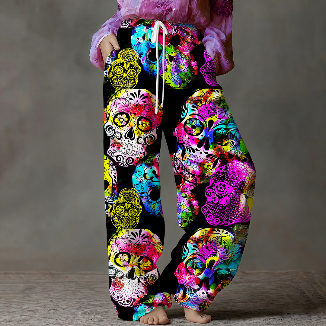 Women's Sugar Skulls Drawstring Wide-Leg Pants
