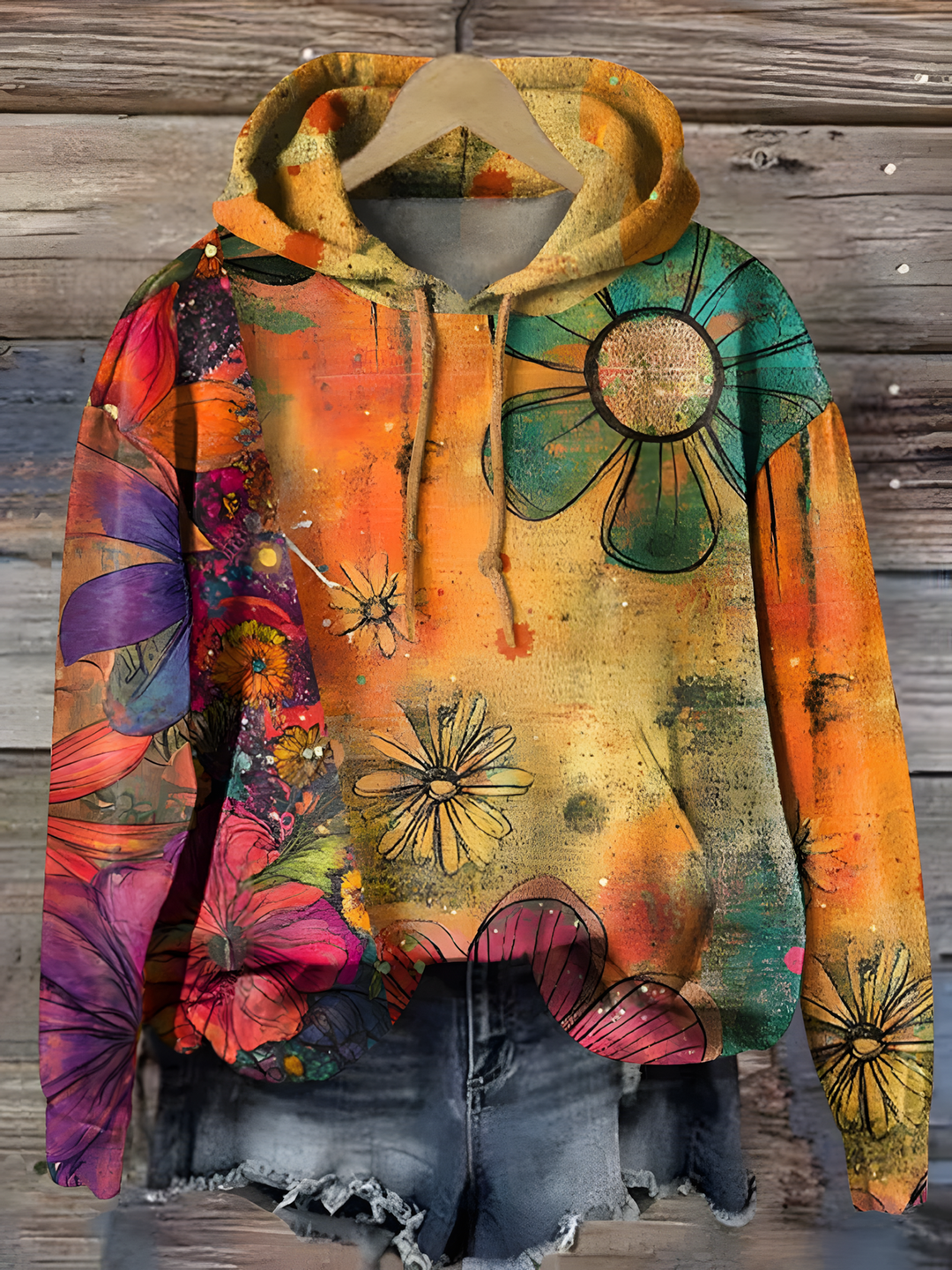 Vintage Hippie Flower Art Long Sleeve Printed Hoodie