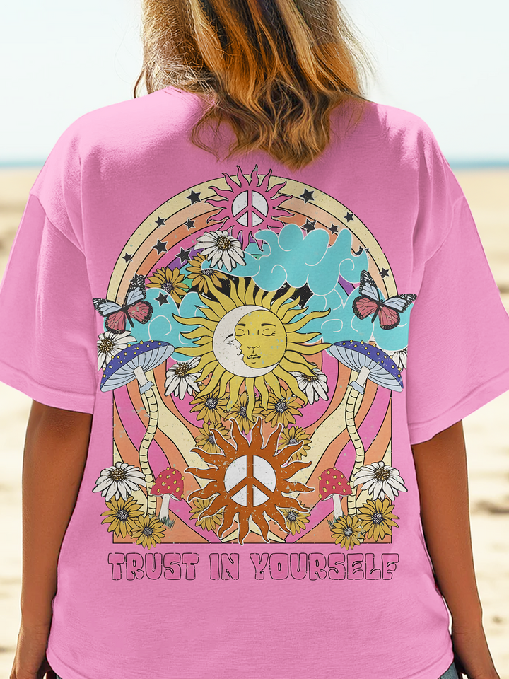 Vintage Sun Peace Hippie Art Crew Neck T-shirt