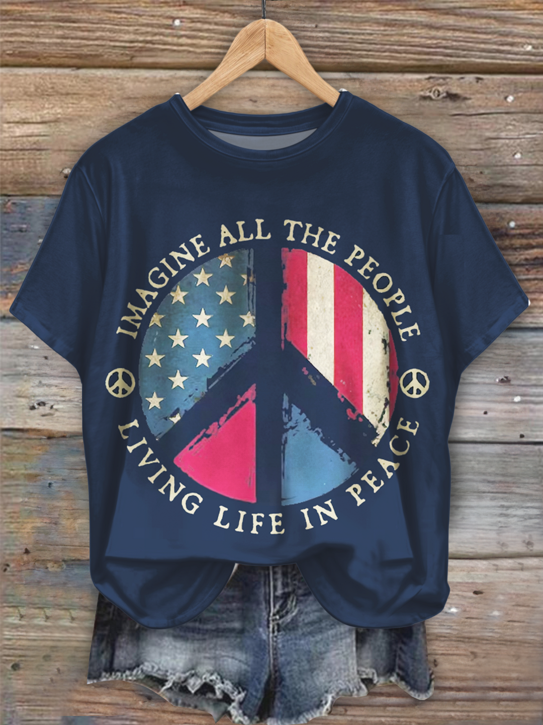 Vintage Hippie Love Peace USA Flag Art Crew Neck T-shirt
