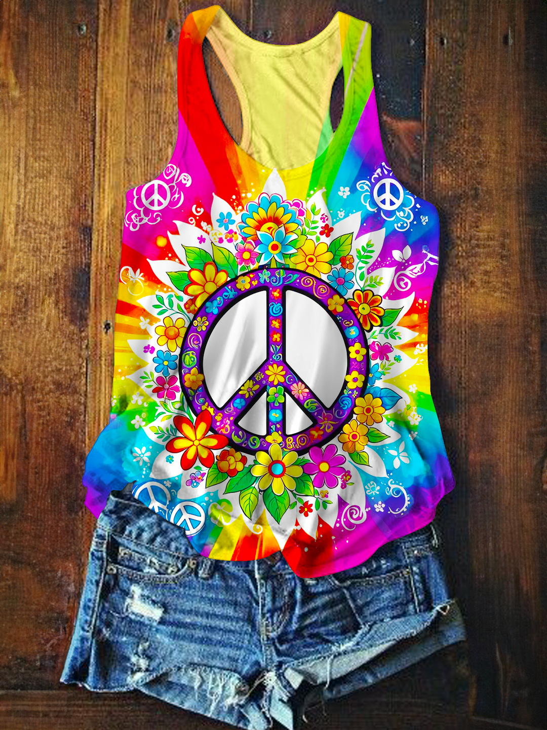 Tie Dye Floral Peace Hippie Art Printed Casual Tank Top