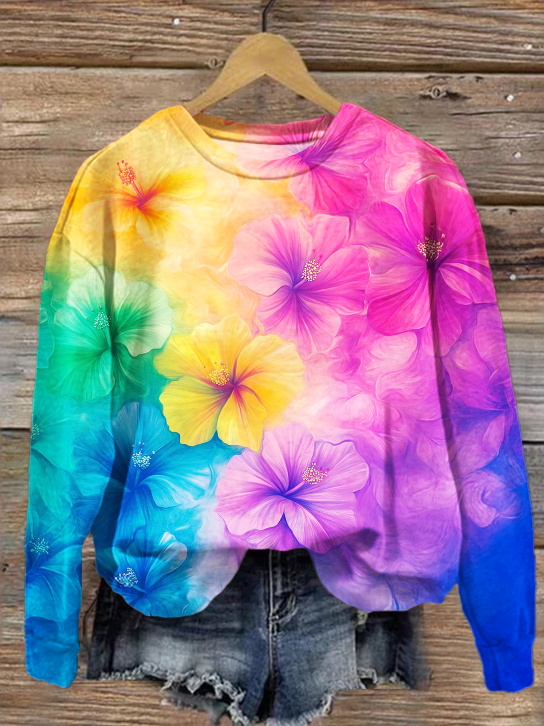 Gradient Watercolor Hippie Floral Art Printed Long Sleeve Casual Top