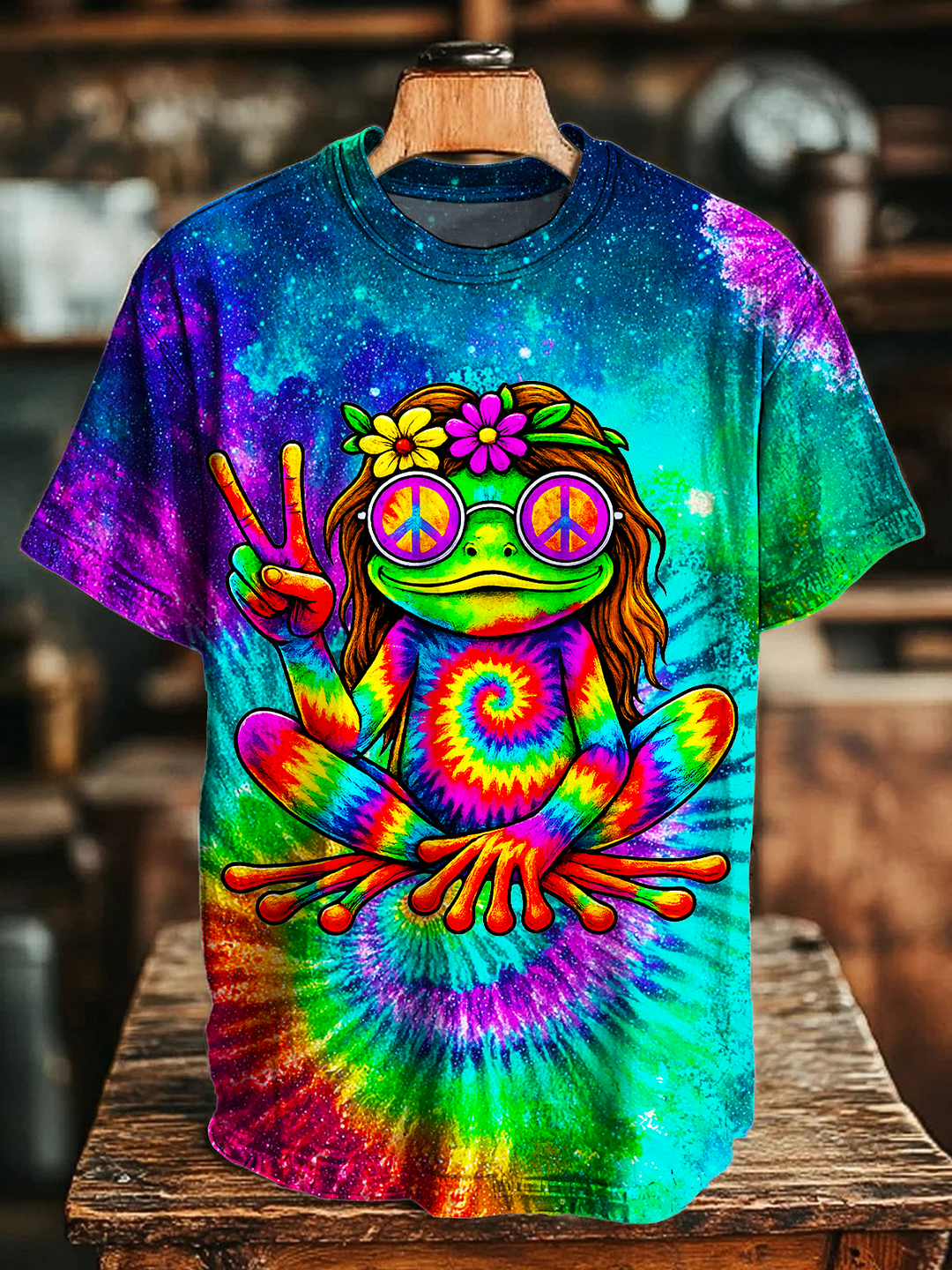 70s Groovy Hippie Frog Showing the Peace Sign Crew Neck T-shirt
