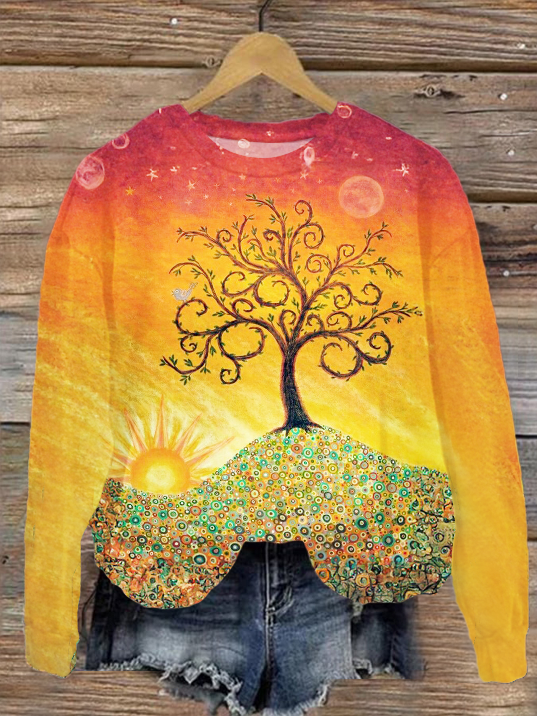 Retro Gradient Hippie Sun Tree Of Life Printed Long Sleeve Casual Top