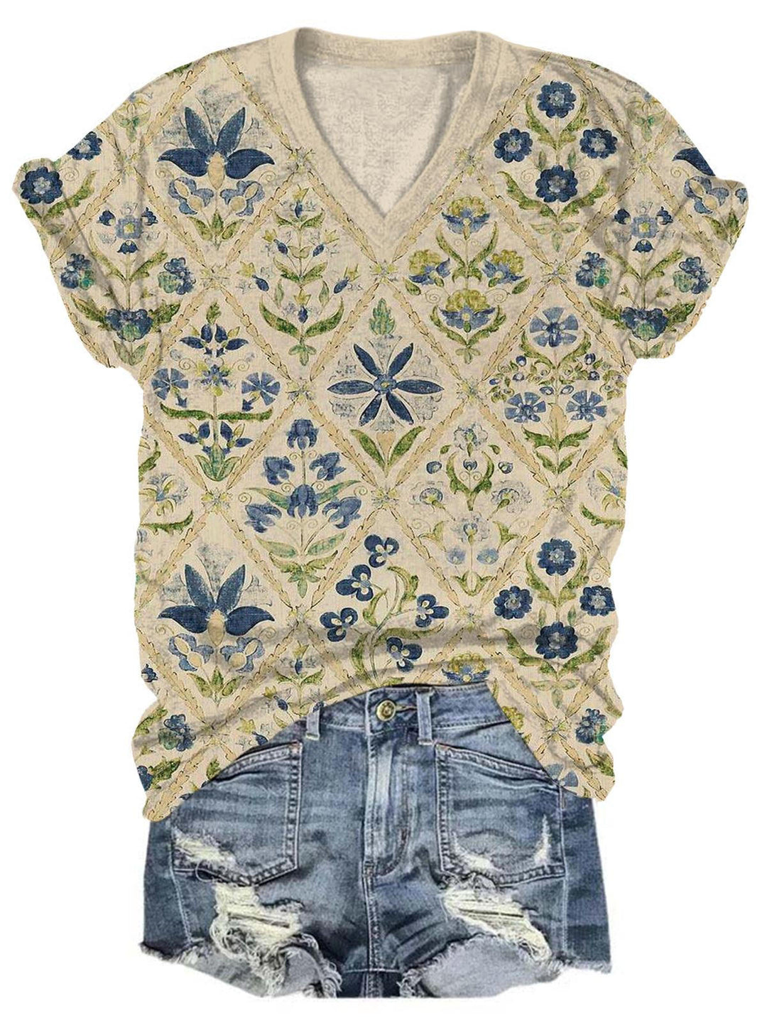 Vintage Blue Flowers Print V-Neck T-Shirt