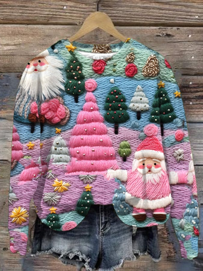 Women's Pink Santa Round Neck Long Sleeve Top