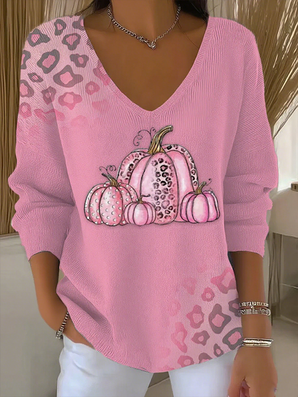 Autumn Pumpkin Breast Cancer Awareness Casual V Neck Pullover Sweater