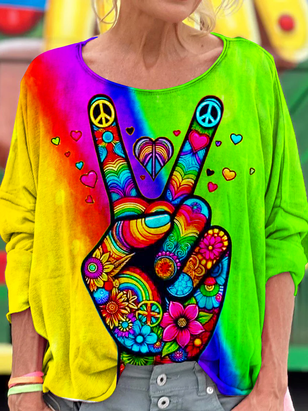 Retro Rainbow Hippie Love Peace Dropped Shoulders Long Sleeves T-shirt
