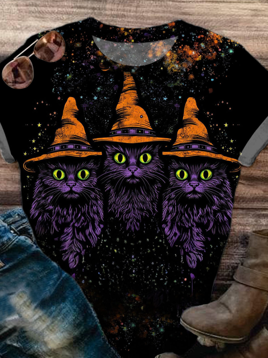 Halloween Cat Fluorescent Print Short Sleeve T-Shirt