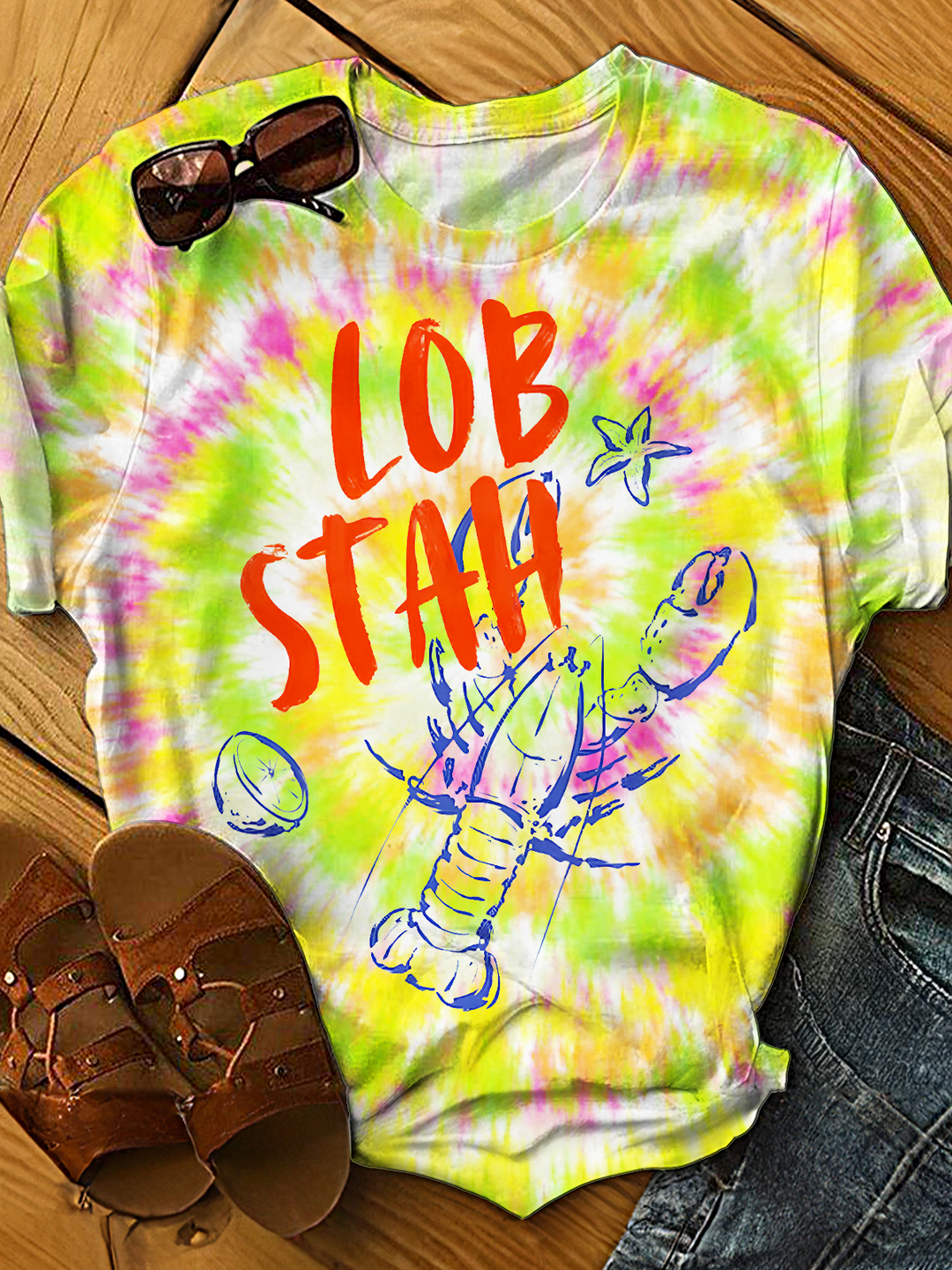 Tie-dye Funny Lobster Crew Neck T-shirt