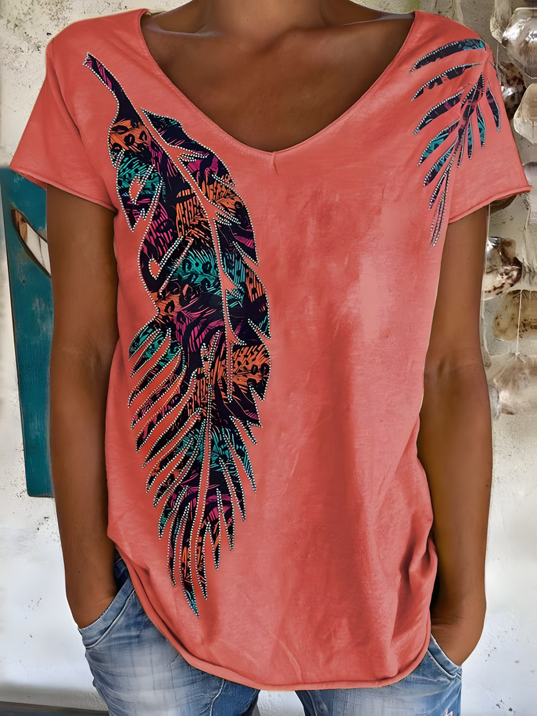 Vintage Western Textured Feather Art Ladies V Neck Tops