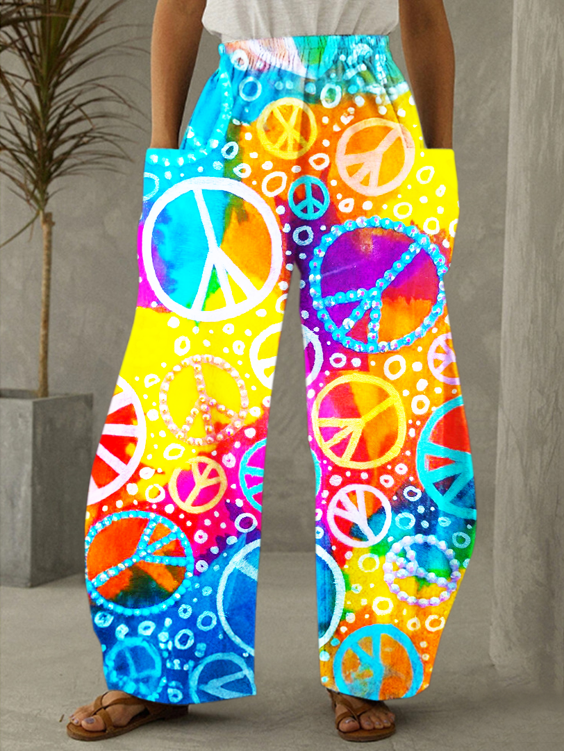 Rainbow Hippie Love Peace Art Print Casual Pants