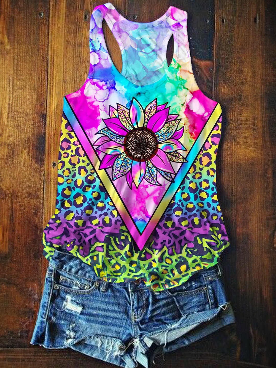 Colorful Hippie Leopard Print Sunflowers Printed Casual Tank Top