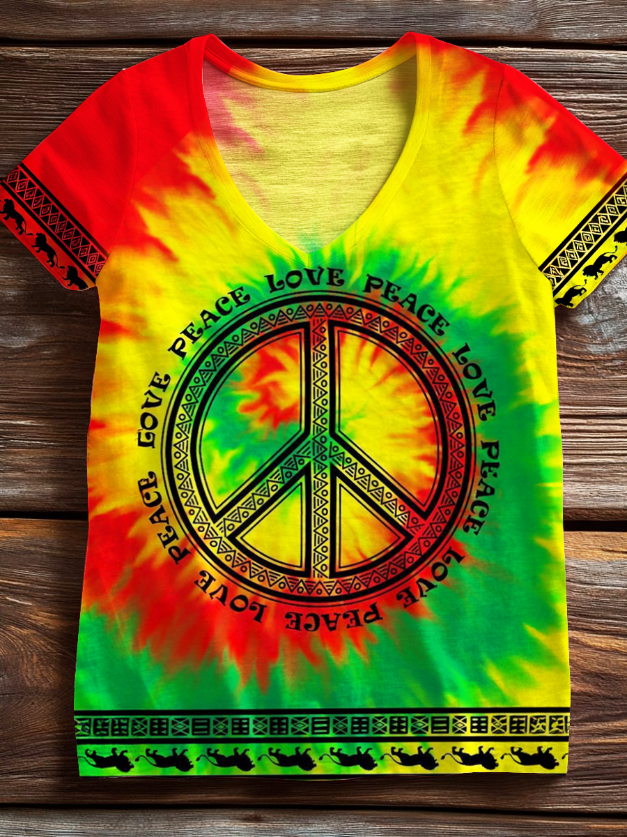 Rainbow Tie-dye Hippie Peace Ethnic Totem Art V-neck T-Shirt