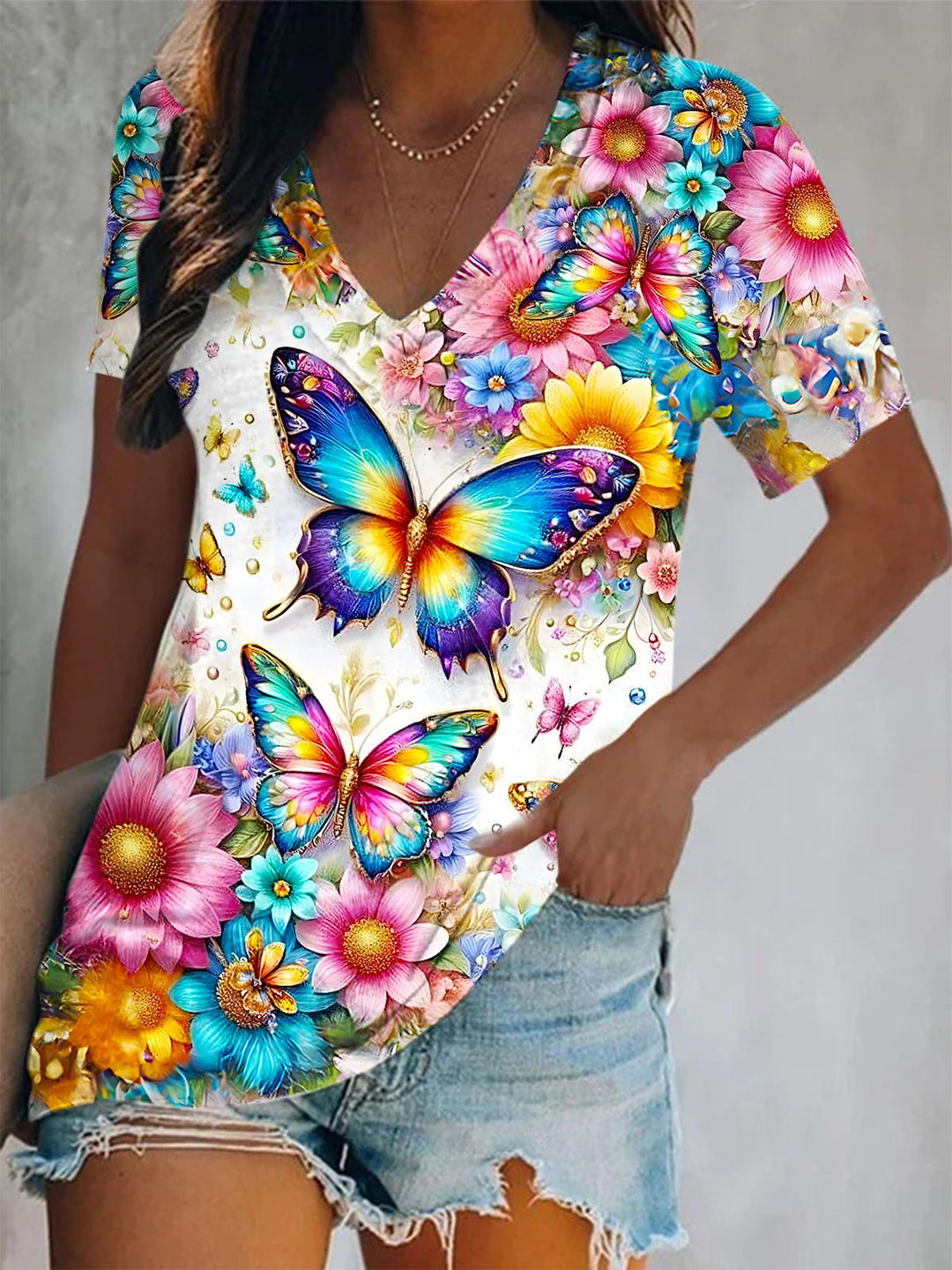 Spring And Summer Butterfly Floral Short Sleeve V Neck Print Top