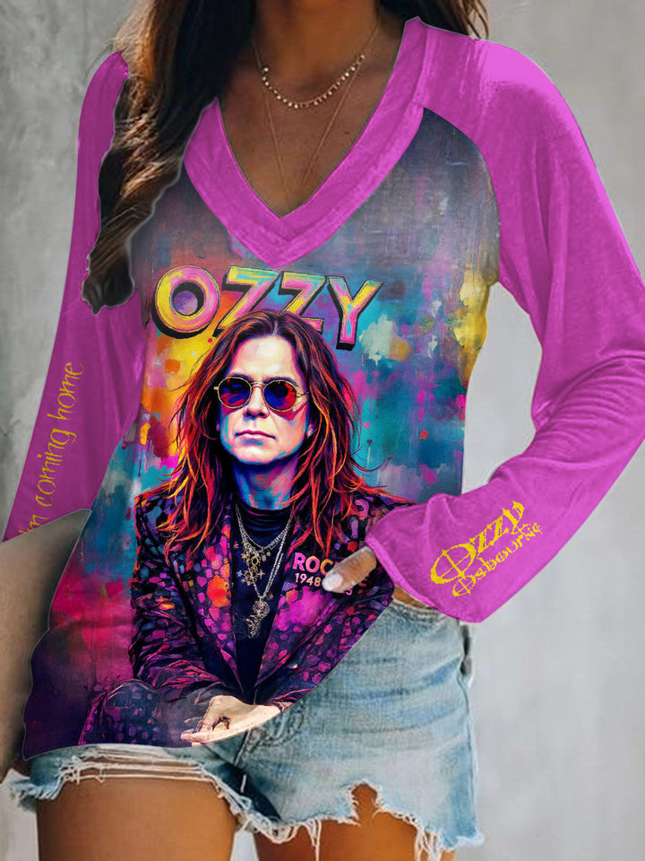 Ozzy Osbourne Retro Graffiti Print V-Neck Long Sleeve Top