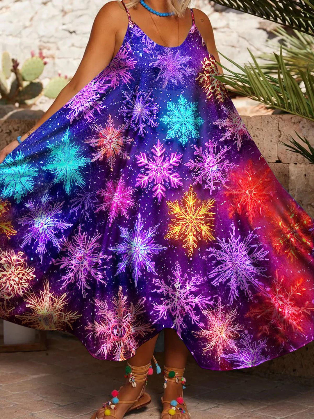 Women's Christmas Snowflake Print Casual Spaghetti Strap Dress