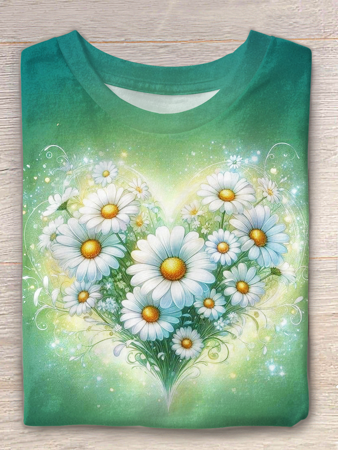 Gradient Glitter Daisy Flowers Love Hippie Art Crew Neck T-shirt