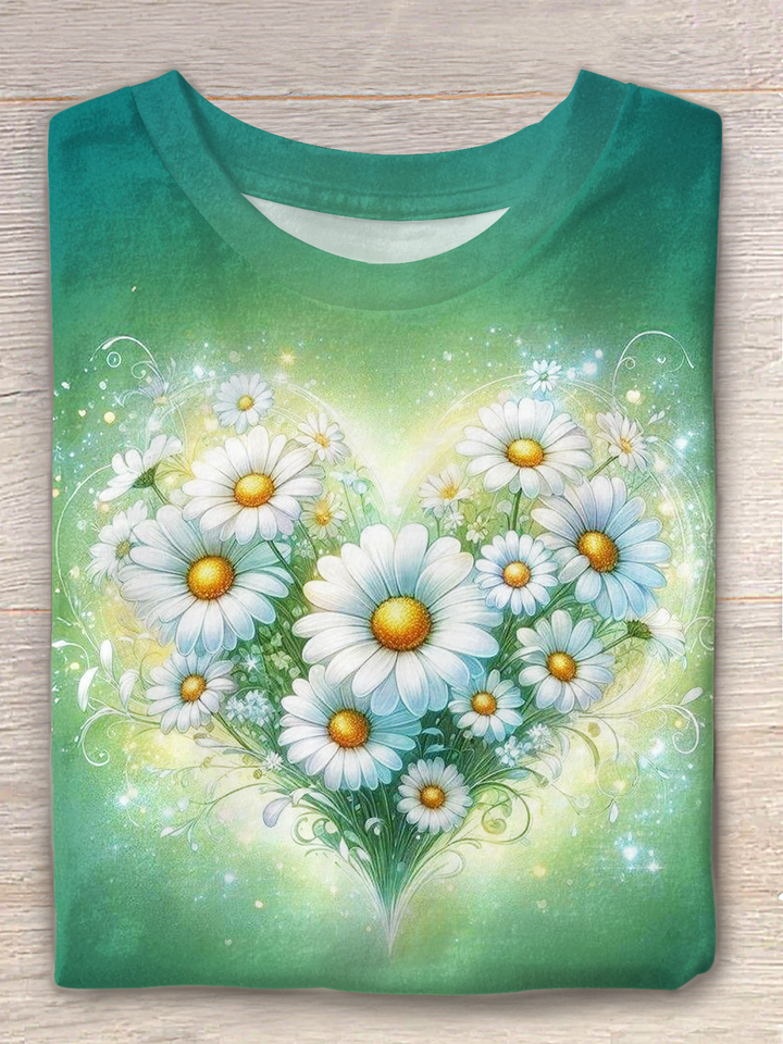 Gradient Glitter Daisy Flowers Love Hippie Art Crew Neck T-shirt