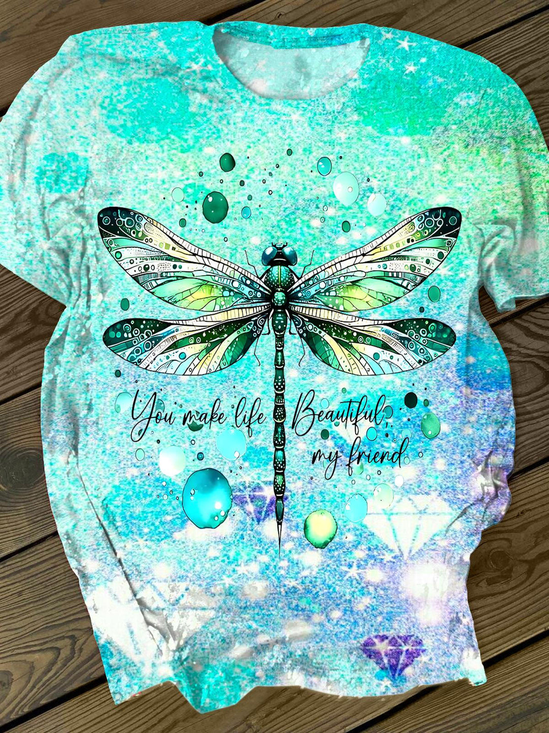 Colorful Dragonfly Printed Crew Neck T-shirt