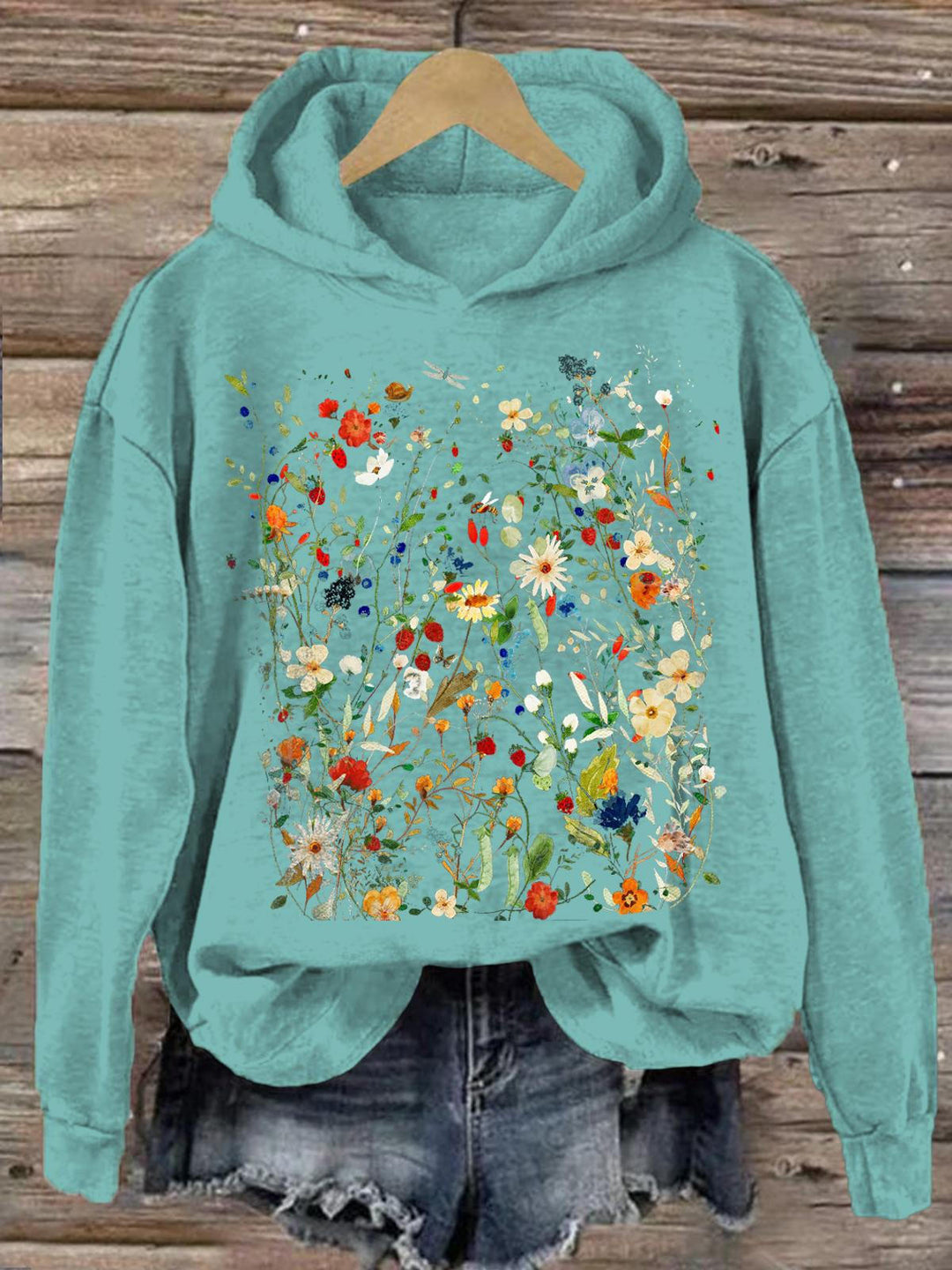 Vintage Pressed Flowers Printed Hoodie