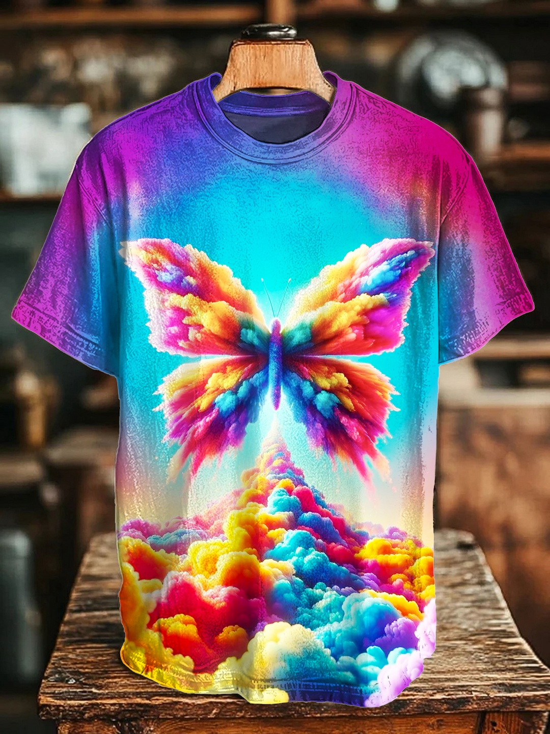 Colorful Tie-dye Smoke Hippie Butterfly Art Crew Neck T-shirt