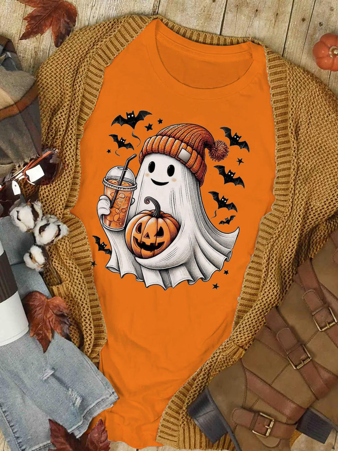 Halloween Elf Pumpkin Print Short Sleeve Crew Neck T-Shirt