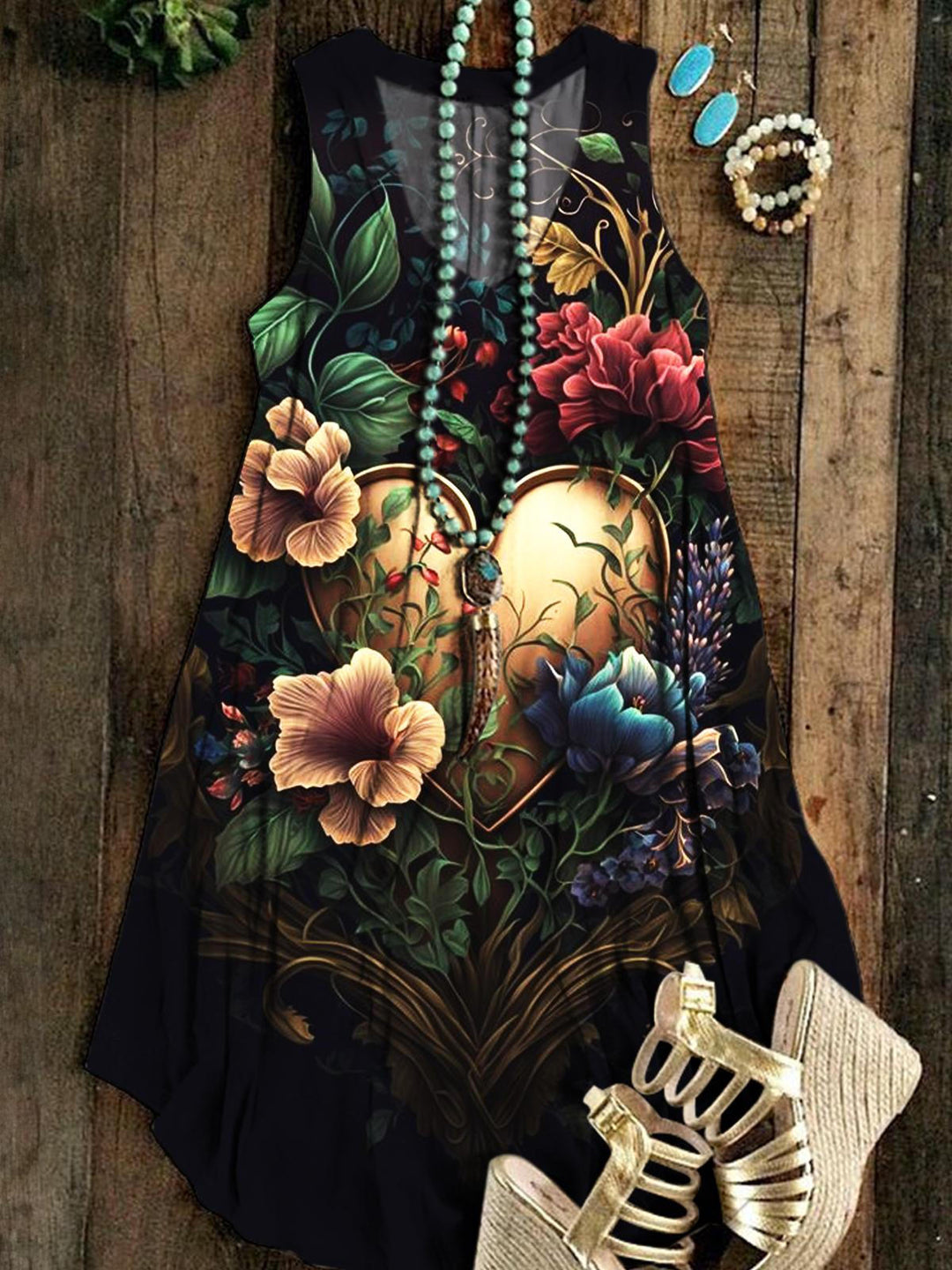 Women's Heart Floral Print Sleeveless Dress