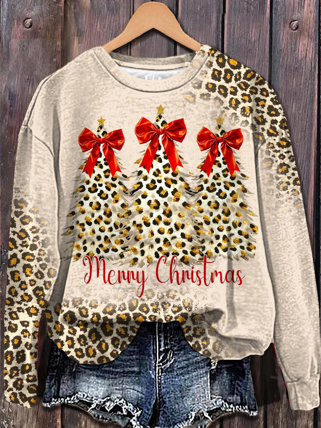 Retro Leopard Print Christmas Tree Long Sleeve Casual Top