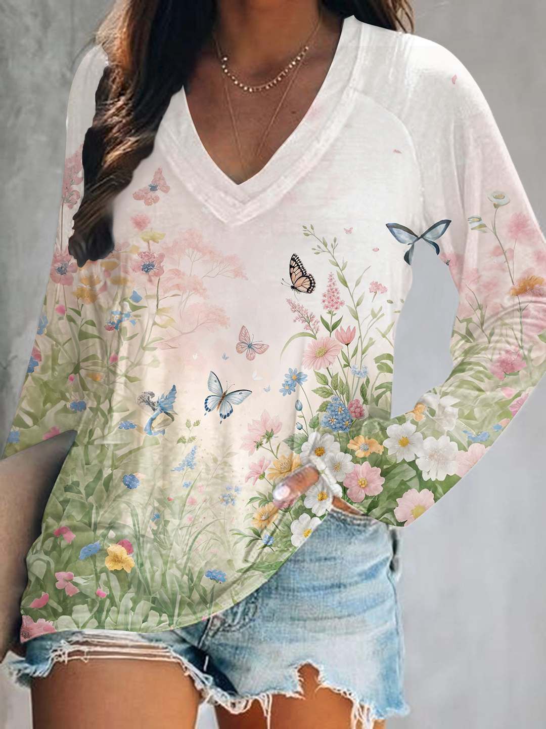 Spring Flower Butterfly Print V-Neck Long Sleeve Top