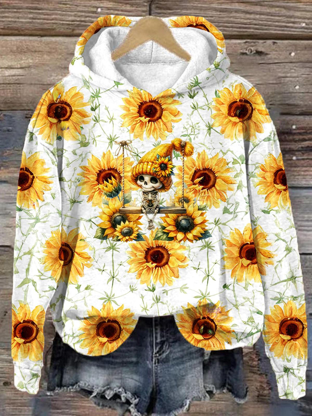 Sunflower Halloween Skull Print Long Sleeve Printed Hoodie