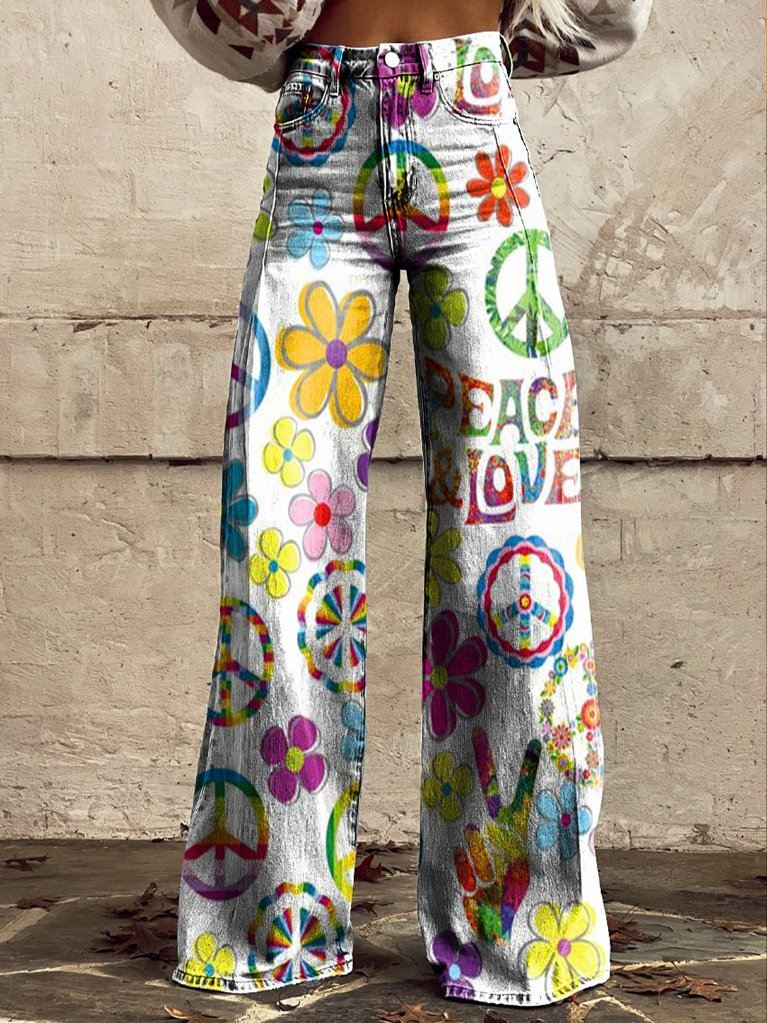 Vintage Hippie Love And Peace Art Women's Cotton Flared Jeans Pants