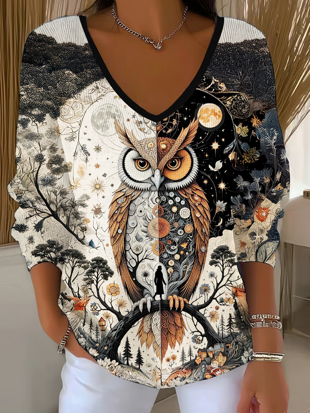 Retro Autumn Hippie Owl Casual V Neck Pullover Sweater