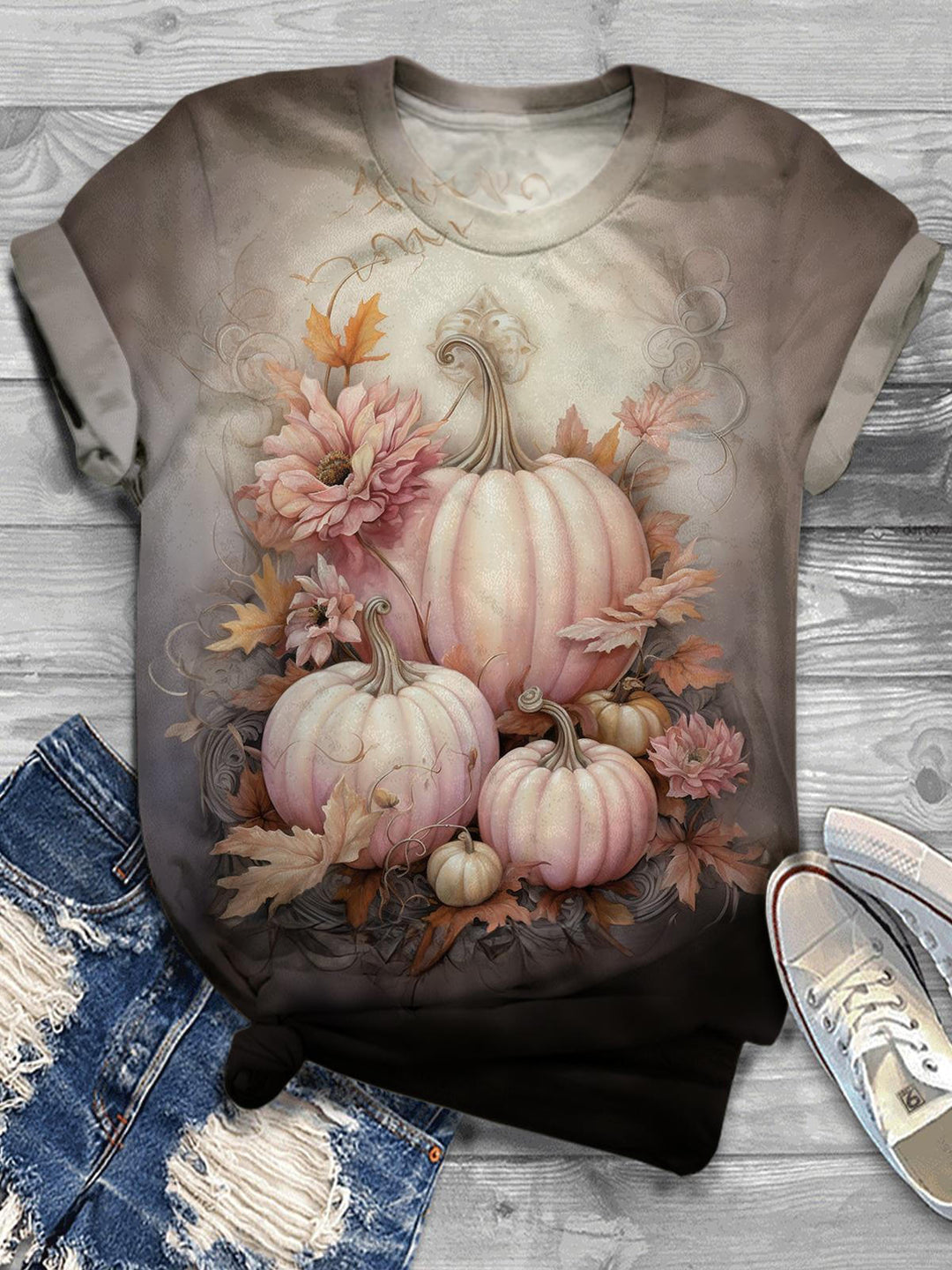 Women's Pumpkin Vintage Print Crew Neck T-Shirt