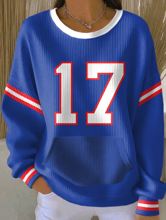 Women's Be Good Do Good 17 God Bless Buffalo Football Printed Crew Neck Pocket Sweatshirt