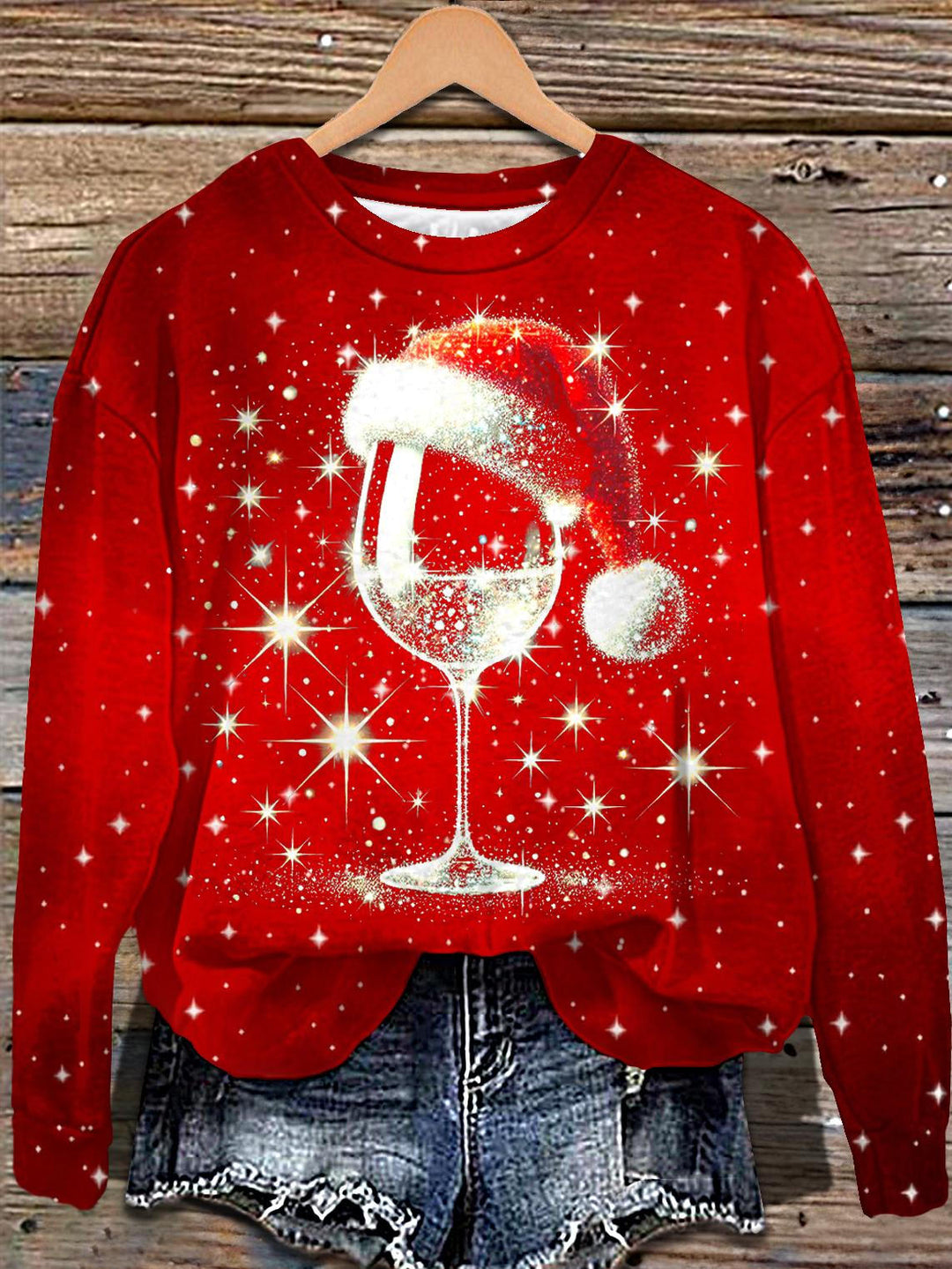 Christmas Wine Glass Printed Long Sleeve Casual Top