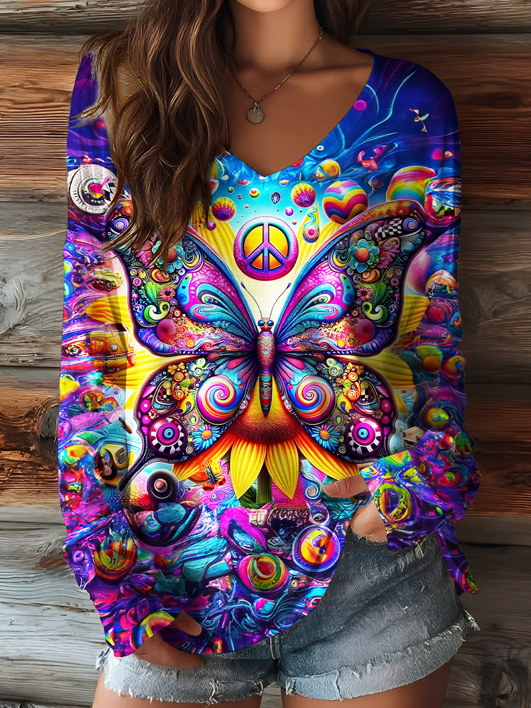 Colorful Hippie Peace Butterfly Art V-neck Long Sleeve Top